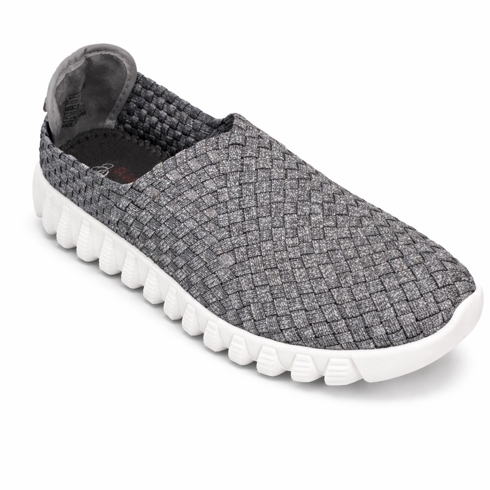 Bernie Mev Zip Fly Slip On Sneakers Gray Woven Elastic Comfort Shoes Women NIB